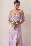 Floral Off the Shoulder Lilac Appliqued Long Wedding Guest Dress