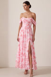 Floral A Line Off the Shoulder Ruffled Long Beach Wedding Guest Dress with Slit