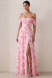 Light Pink Floral A Line Off the Shoulder Long Beach Wedding Guest Dress with Slit