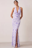 Sheath Lilac Floral Halter Neck Long Beach Wedding Guest Dress with Slit