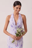Sheath Lilac Floral Halter Neck Long Beach Wedding Guest Dress with Slit