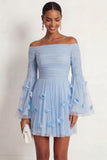 Light Blue Flutter Sleeves Short Wedding Guest Dress with Applique