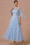 Light Blue Floral A Line Appliqued Strapless Long Wedding Guest Dress