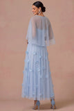 Light Blue Floral A Line Appliqued Strapless Long Wedding Guest Dress