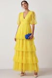 Light Yellow Puff Sleeves Tiered A Line Long Wedding Guest Dress