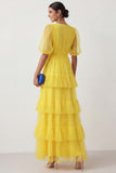 Light Yellow Puff Sleeves Tiered A Line Long Wedding Guest Dress