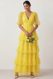 Light Yellow Puff Sleeves Tiered A Line Long Wedding Guest Dress