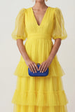 Light Yellow Puff Sleeves Tiered A Line Long Wedding Guest Dress