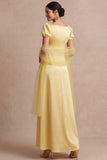 Light Yellow A Line Empire Waist Long Wedding Guest Dress with Sleeves