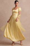 Light Yellow A Line Empire Waist Long Wedding Guest Dress with Sleeves