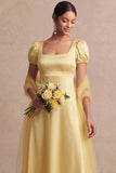 Light Yellow A Line Empire Waist Long Wedding Guest Dress with Sleeves