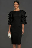 White Ruffled Half Sleeves Sheath Round Neck Midi Engagement Dress
