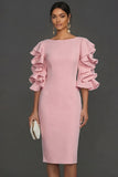 White Ruffled Half Sleeves Sheath Round Neck Midi Engagement Dress