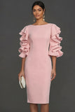 White Ruffled Half Sleeves Sheath Round Neck Midi Engagement Dress