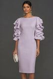 White Ruffled Half Sleeves Sheath Round Neck Midi Engagement Dress