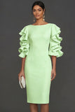 White Ruffled Half Sleeves Sheath Round Neck Midi Engagement Dress
