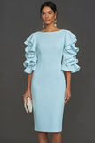 White Ruffled Half Sleeves Sheath Round Neck Midi Engagement Dress