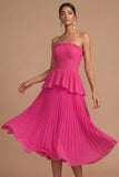 Raspberry Strapless A Line Pleated Midi Wedding Guest Dress