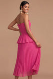 Raspberry Strapless A Line Pleated Midi Wedding Guest Dress