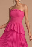 Raspberry Strapless A Line Pleated Midi Wedding Guest Dress
