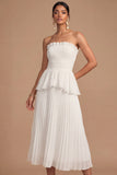 Raspberry Strapless A Line Pleated Midi Wedding Guest Dress