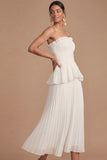 Raspberry Strapless A Line Pleated Midi Wedding Guest Dress
