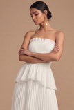Raspberry Strapless A Line Pleated Midi Wedding Guest Dress