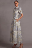 Floral Collar Neck Jacquard A Line Dusty Blue Long Wedding Guest Dress