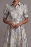Floral Collar Neck Jacquard A Line Dusty Blue Long Wedding Guest Dress