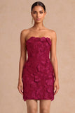 Burgundy Floral Appliqued Strapless Bodycon Short Summer Wedding Guest Dress