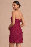 Burgundy Floral Appliqued Strapless Bodycon Short Summer Wedding Guest Dress