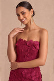 Burgundy Floral Appliqued Strapless Bodycon Short Summer Wedding Guest Dress