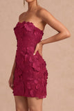 Burgundy Floral Appliqued Strapless Bodycon Short Summer Wedding Guest Dress