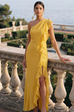 Yellow One Shoulder Ruffled Maxi Wedding Guest Dress with Slit
