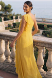 Yellow One Shoulder Ruffled Maxi Wedding Guest Dress with Slit