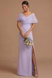 Lilac Sheath Off the Shoulder Backless Long Wedding Guest Dress with Slit