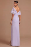 Lilac Sheath Off the Shoulder Backless Long Wedding Guest Dress with Slit