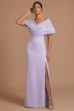Lilac Sheath Off the Shoulder Backless Long Wedding Guest Dress with Slit
