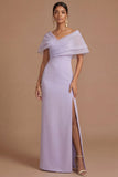 Lilac Sheath Off the Shoulder Backless Long Wedding Guest Dress with Slit