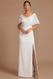 Lilac Sheath Off the Shoulder Backless Long Wedding Guest Dress with Slit