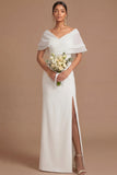 Lilac Sheath Off the Shoulder Backless Long Wedding Guest Dress with Slit