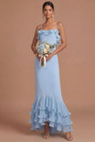 Light Blue Tiered Ruffled Spaghetti Straps Mermaid Long Formal Dress