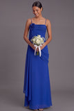 Blue Spaghetti Straps Long Bridesmaid Dress with Flower
