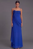 Blue Spaghetti Straps Long Bridesmaid Dress with Flower