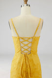 Yellow Spaghetti Straps Sheath Sleeveless Long Wedding Guest Dress