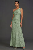 Green One Shoulder Ruched Sleeveless Long Formal Dress