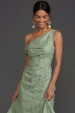 Green One Shoulder Ruched Sleeveless Long Formal Dress