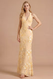 Light Yellow Long Embroidered Mermaid Halter Bridesmaid Dress