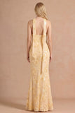 Light Yellow Long Embroidered Mermaid Halter Bridesmaid Dress