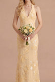 Light Yellow Long Embroidered Mermaid Halter Bridesmaid Dress